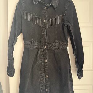 Zara Cowgirl Black Denim Dress with Fringe Detail